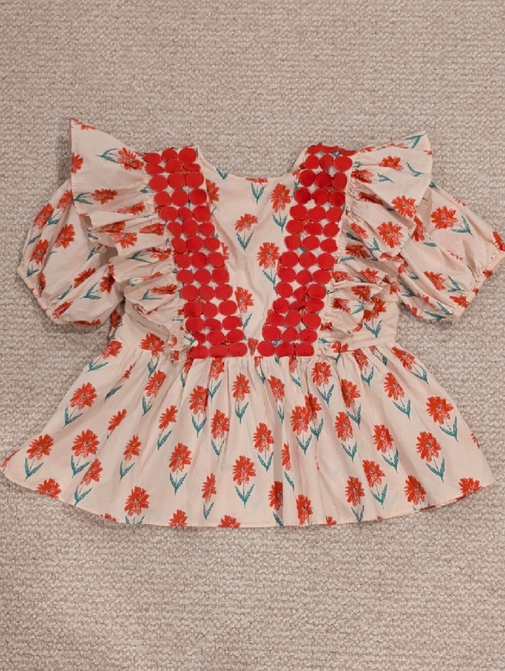 entro Cream Floral Peplum Top with Orange Embroidered Trim - Picture 4 of 4